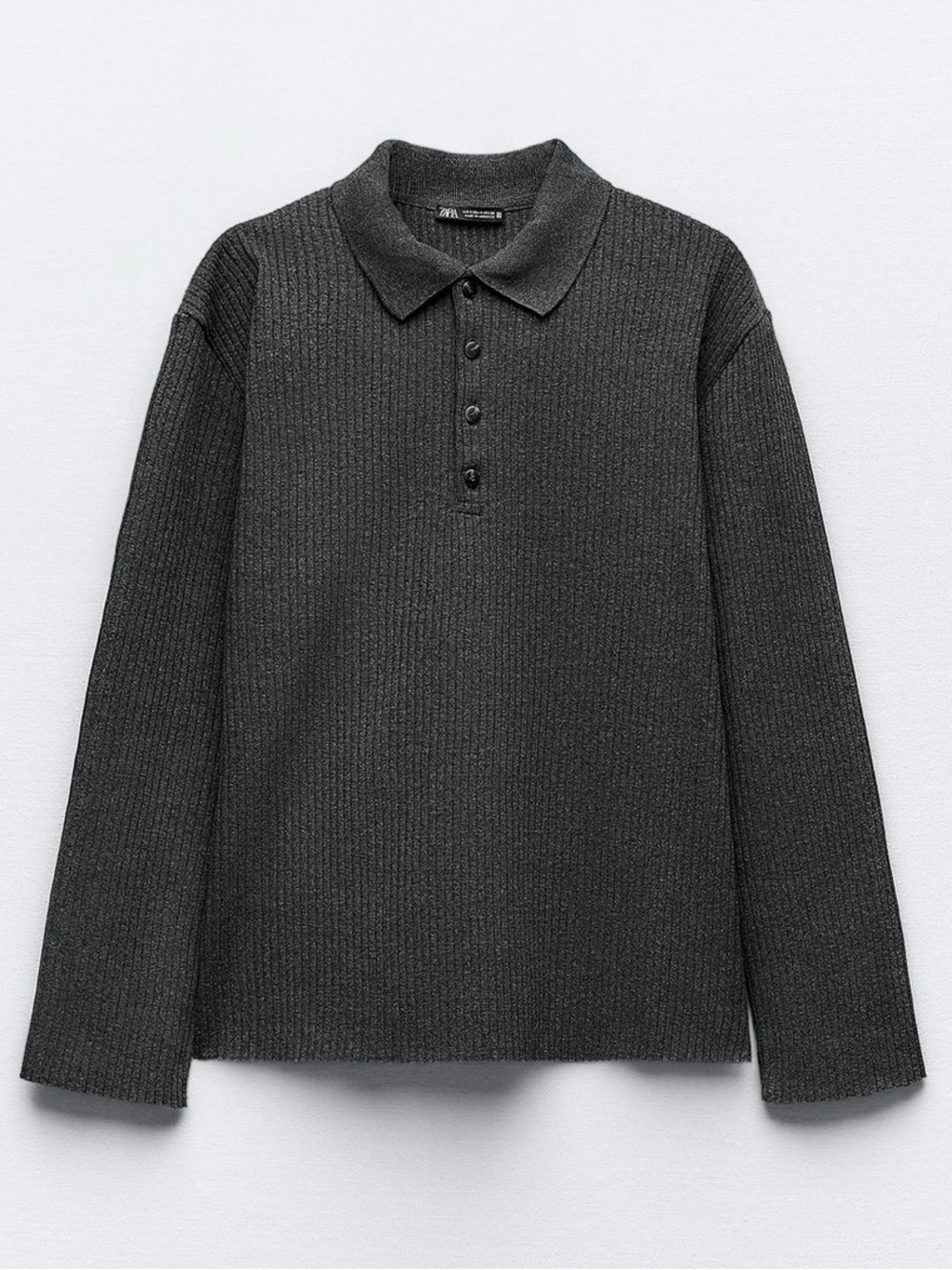 Zara Ribbed Long Sleeve Polo Dark Gray S